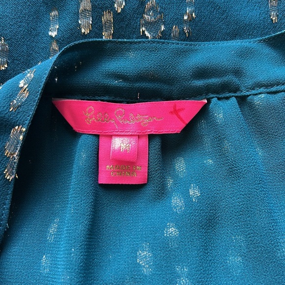 Lilly Pulitzer Matilda Top Fish Gold Clip Chiffon Silk Inky Tidal Blouse Sz M - Picture 8 of 11
